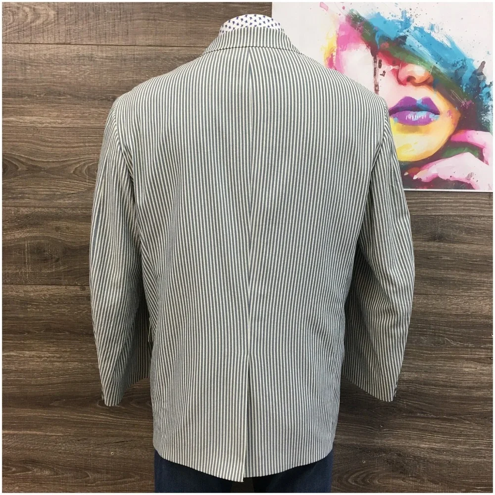 VINTAGE‎ Mens Seersucker Blazer Sport Coat Casual Jacket Size 48R Classic Suit